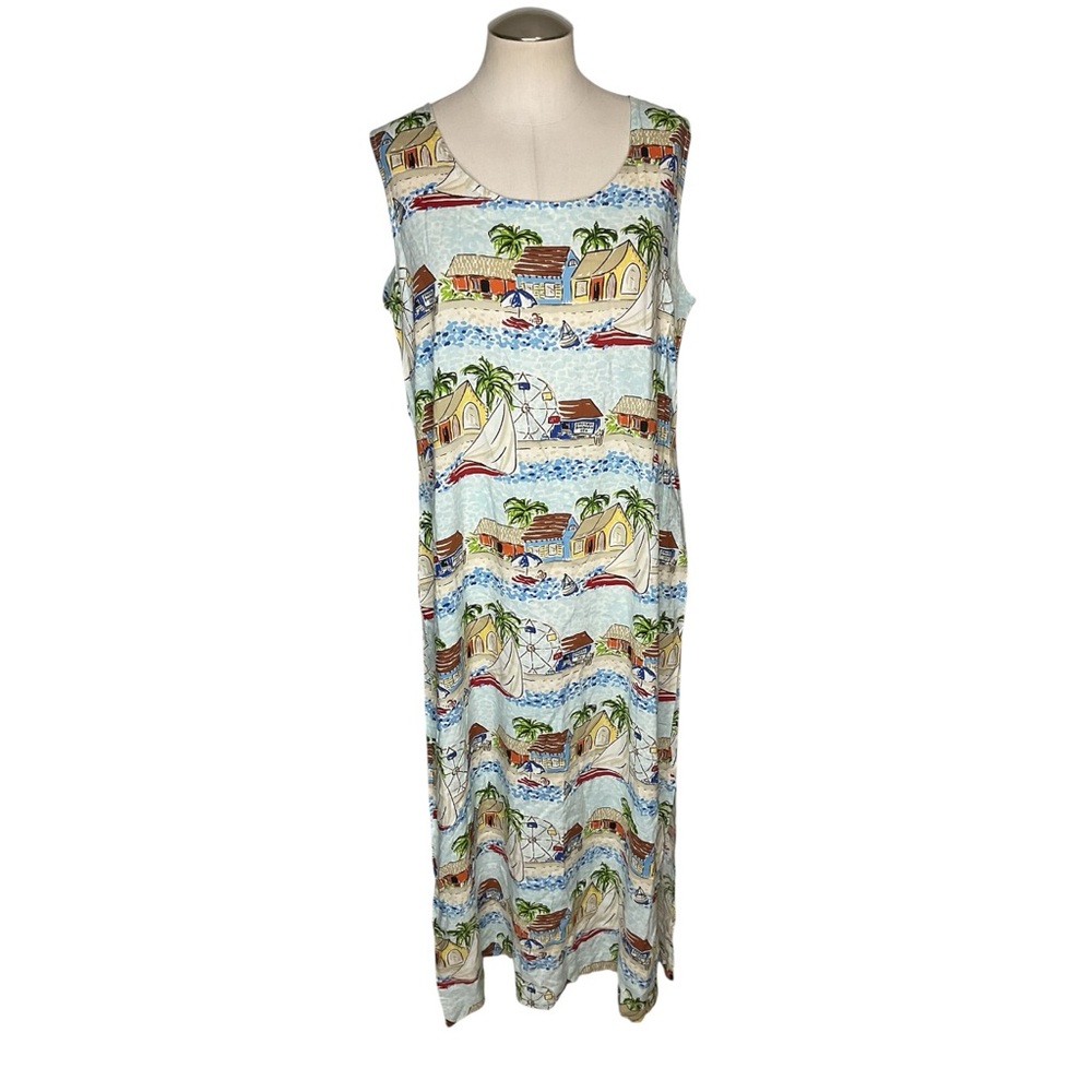 Vintage Weekend Clothes Line Tropical Island Print Rayon Maxi Dress XL